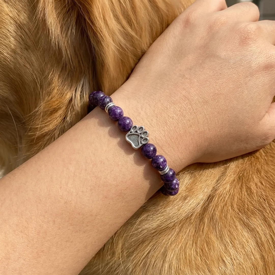 Nebula Deep Purple Charoite Bead Bracelet | Silver Paw Charm | Rescue Charity