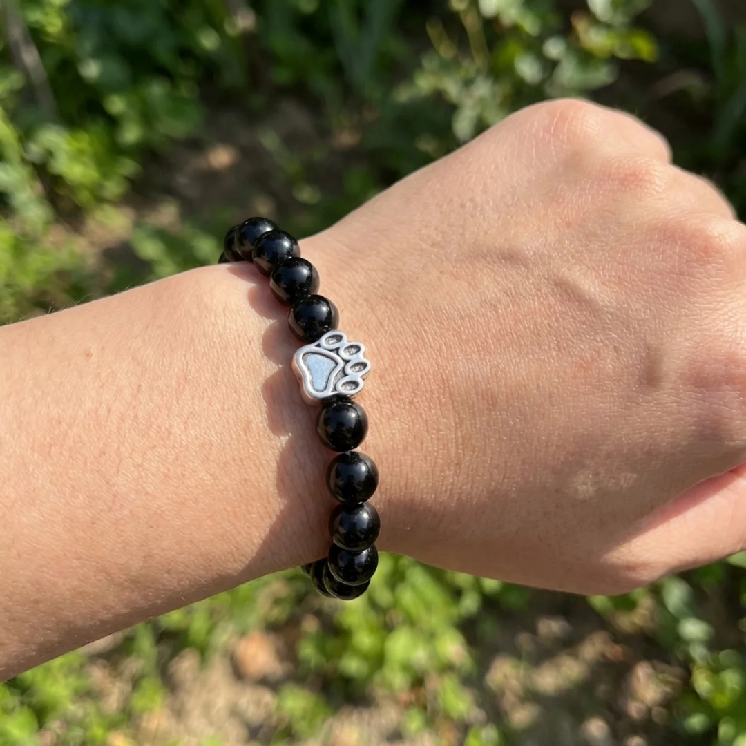 Onyx Black Agate Bead Bracelet | Silver Paw Charm | Rescue Charity