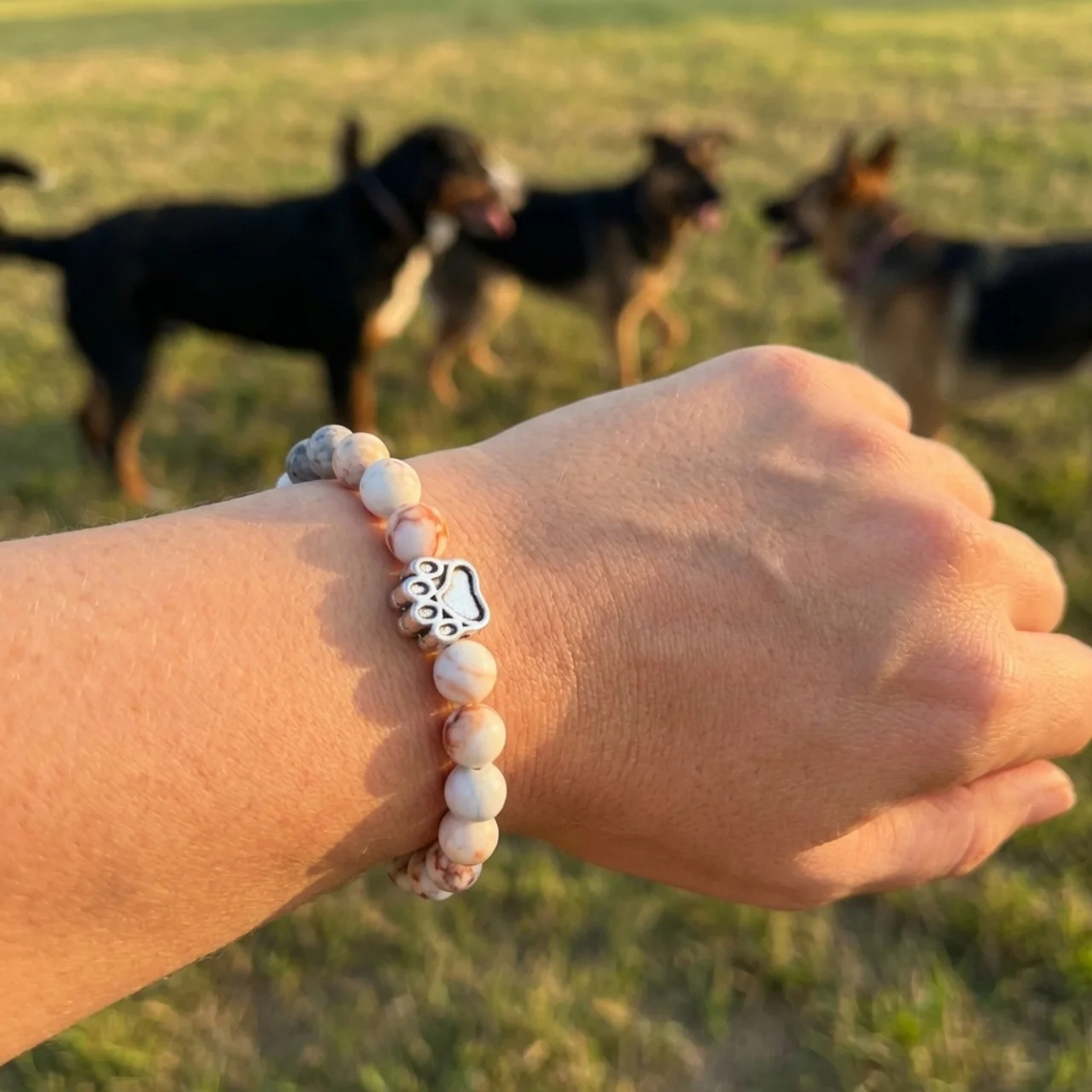 Pearl White Marble Jasper Bead Bracelet | Silver Paw Charm | Rescue Charity