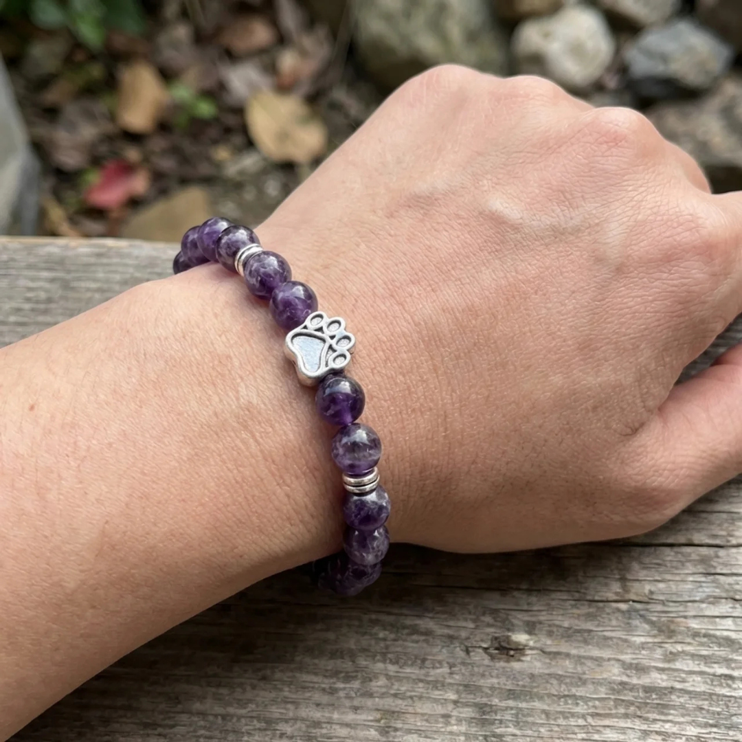 Twilight Natural Amethyst Bead Bracelet | Silver Paw Charm | Rescue Charity