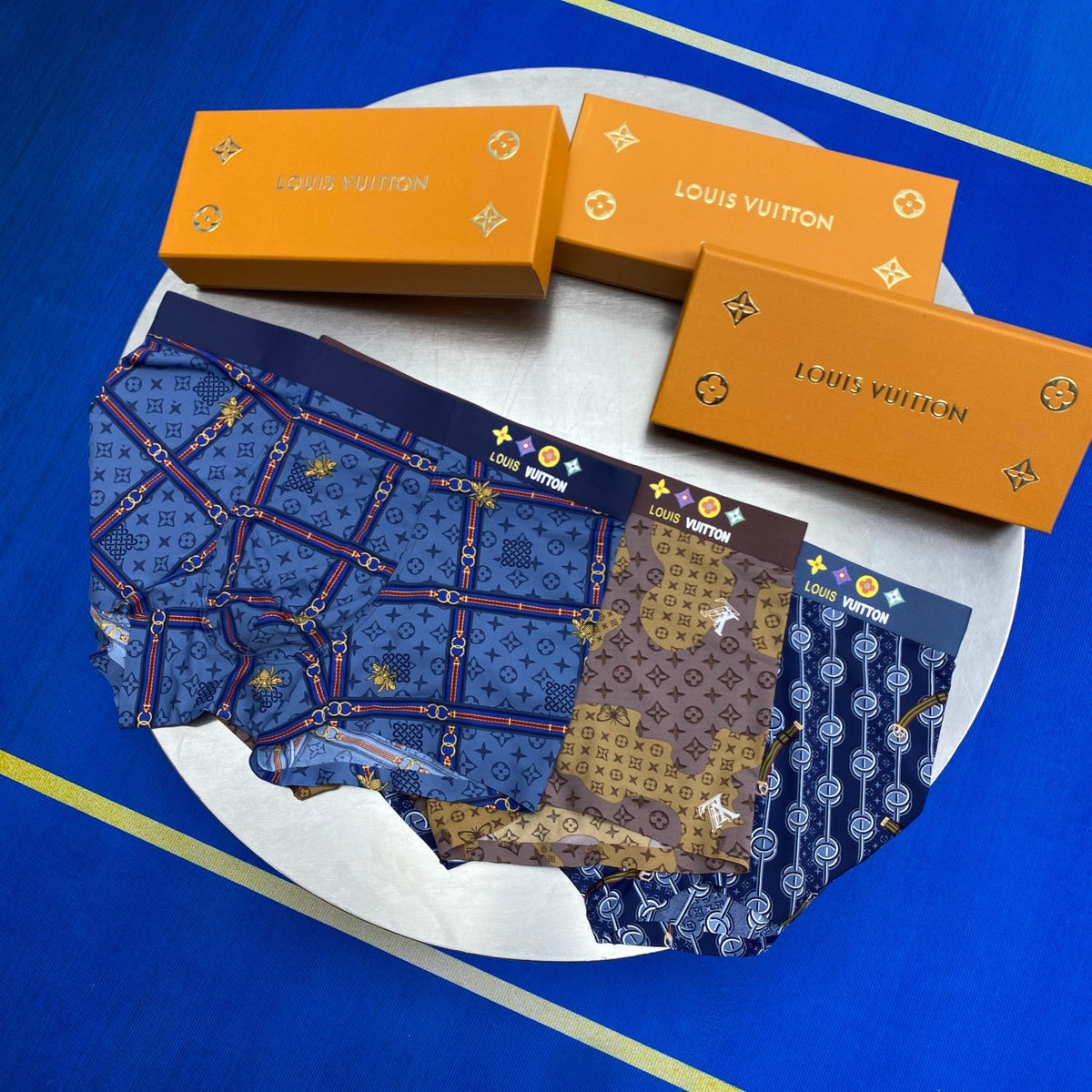 Louis Vuitton Silk blend Repeating Monogram-Style Motifs Men's Boxer Briefs - 3-Piece Box