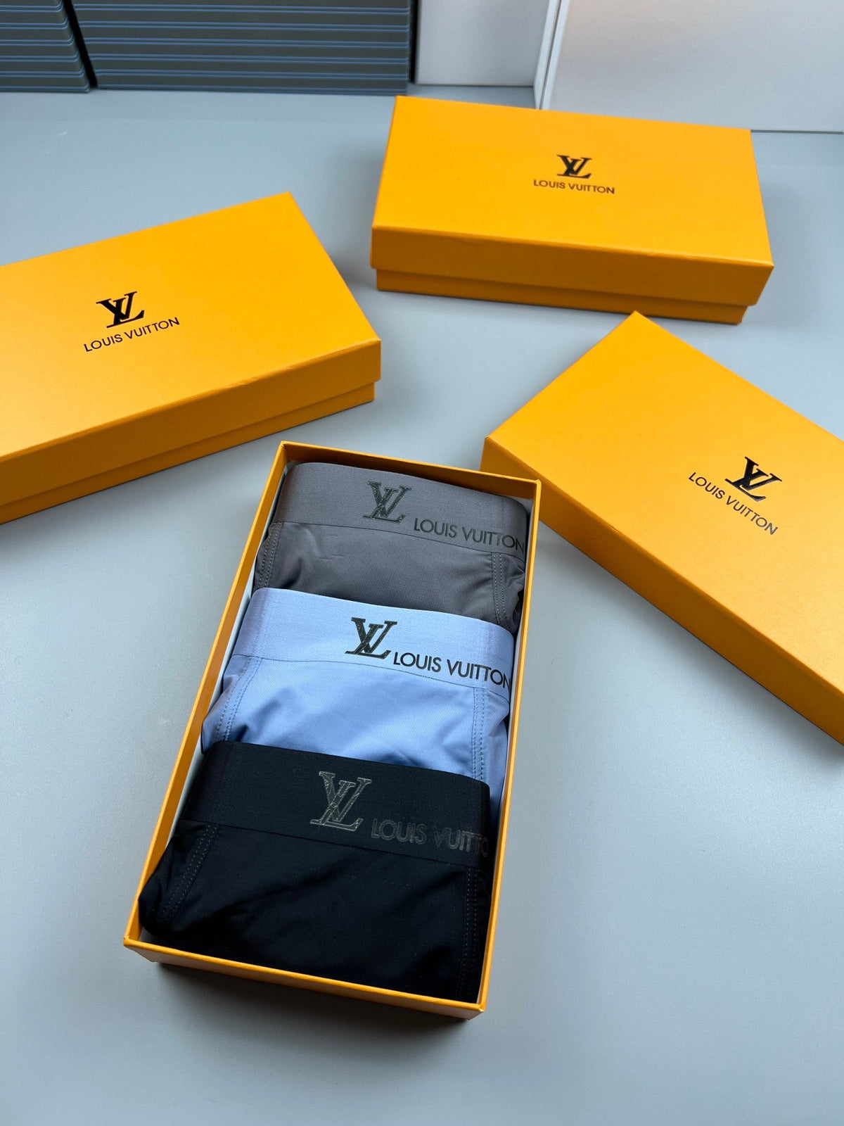 Louis Vuitton Blue, Green & White Tonal Waistbands Men's Boxer Briefs - 3-Piece Box