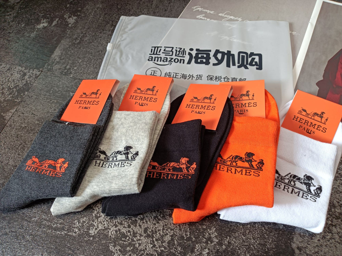Hermes Cotton Visible Cuff, Colour And Emblem Details Crew Socks - 5-Pair Set