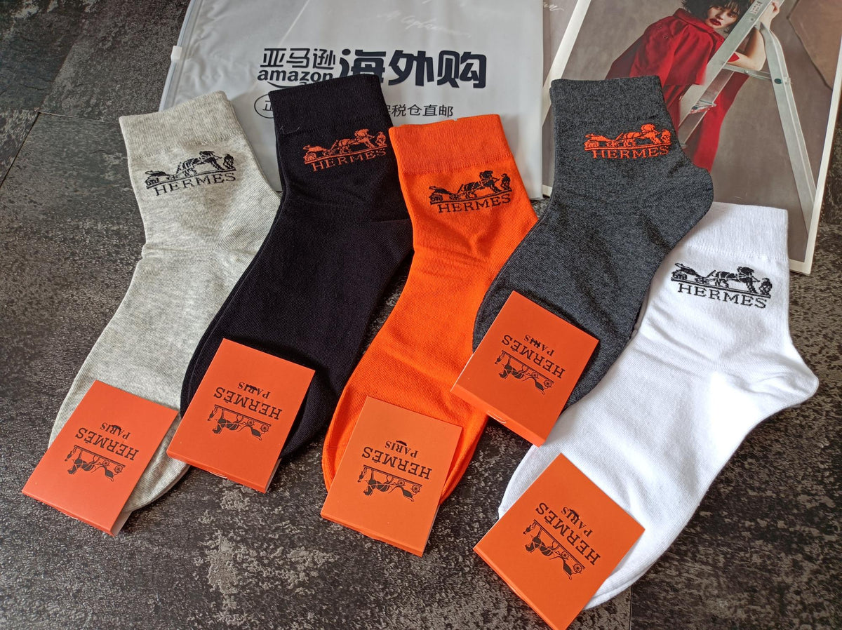 Hermes Cotton Visible Cuff, Colour And Emblem Details Crew Socks - 5-Pair Set