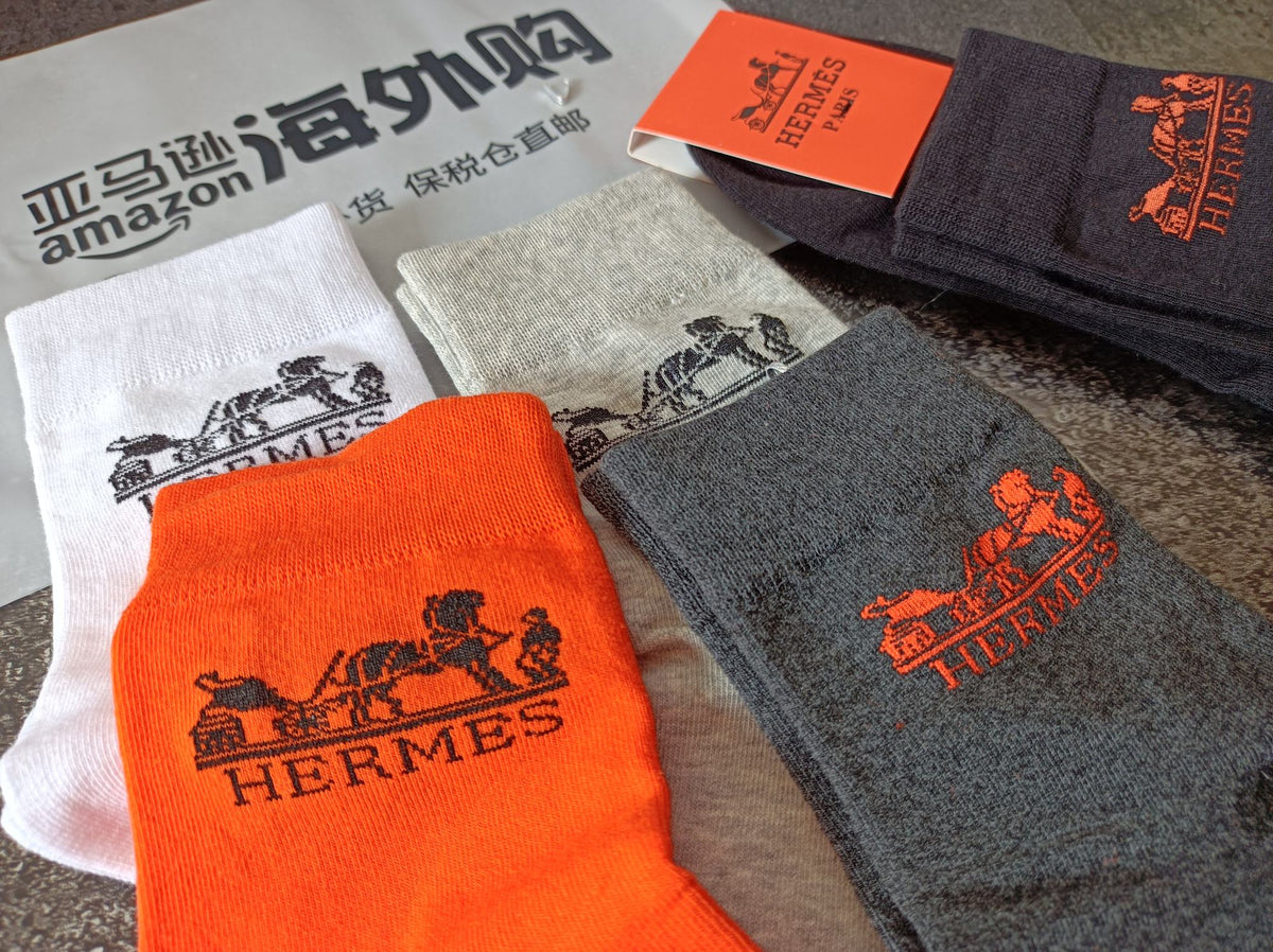 Hermes Cotton Visible Cuff, Colour And Emblem Details Crew Socks - 5-Pair Set
