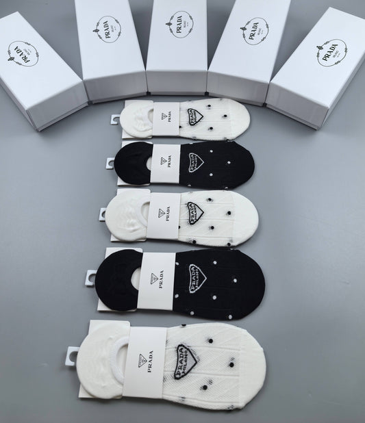 Prada Combed cotton Visible Logo, Stripe Or Motif Details Crew Socks - 5-Pair Set