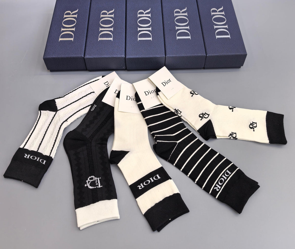 Dior Black and White Crew Crew Socks 5-Pair Box Collection