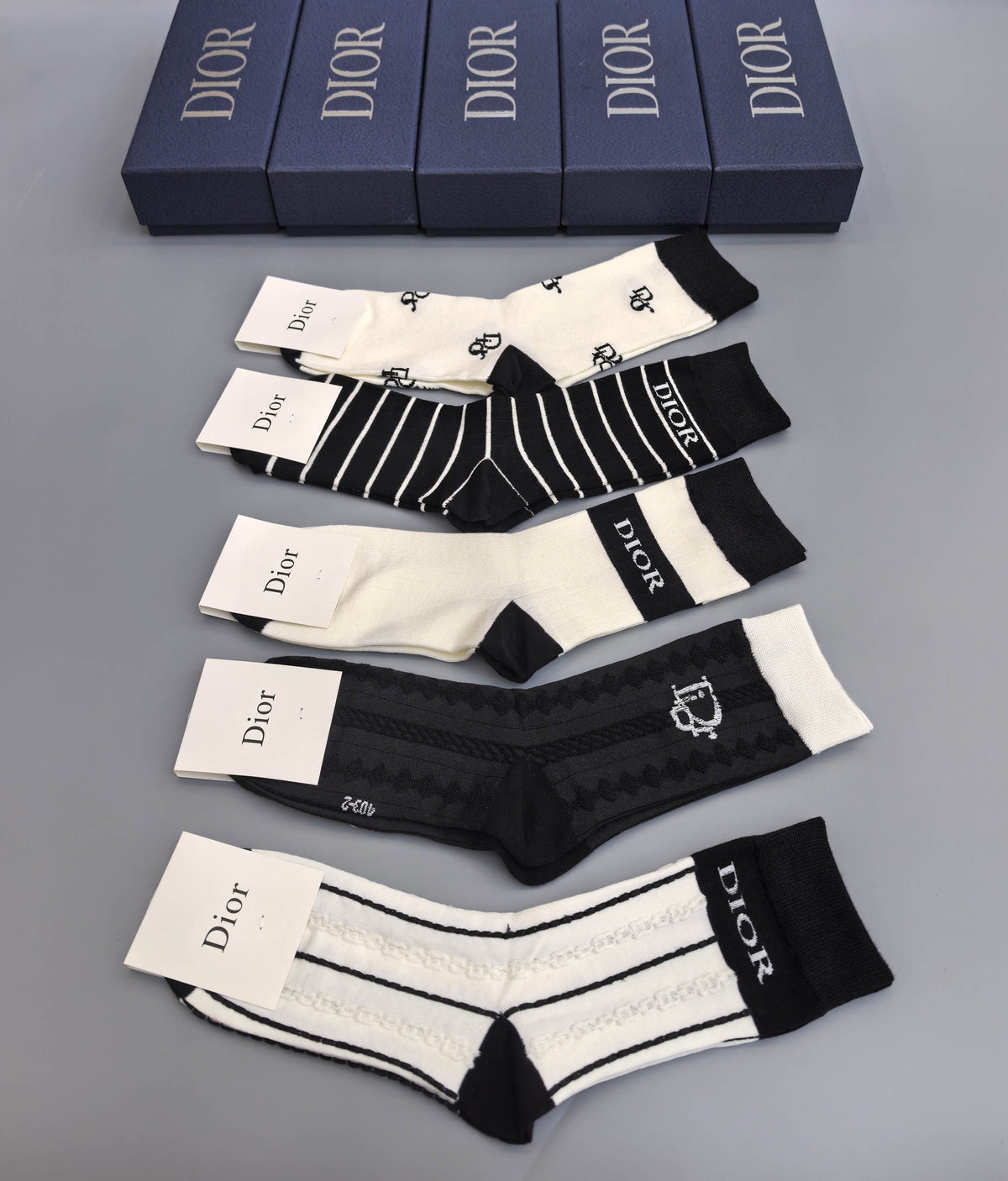 Dior Black and White Crew Crew Socks 5-Pair Box Collection
