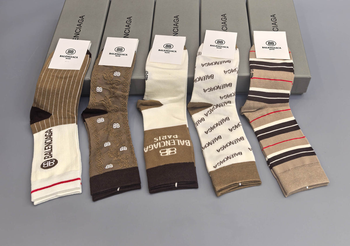Balenciaga Neutral Print Crew Crew Socks 5-Pair Box Collection