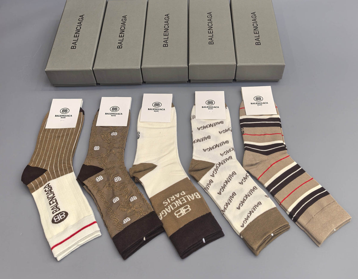 Balenciaga Neutral Print Crew Crew Socks 5-Pair Box Collection