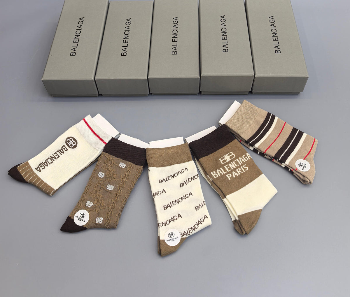 Balenciaga Neutral Print Crew Crew Socks 5-Pair Box Collection