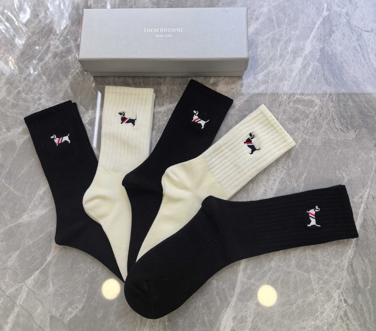 Thom Browne Dog Motif Crew Socks - 5-Pair Box