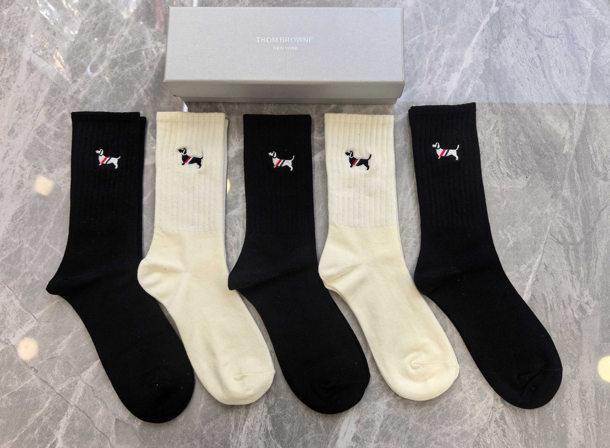 Thom Browne Dog Motif Crew Socks - 5-Pair Box