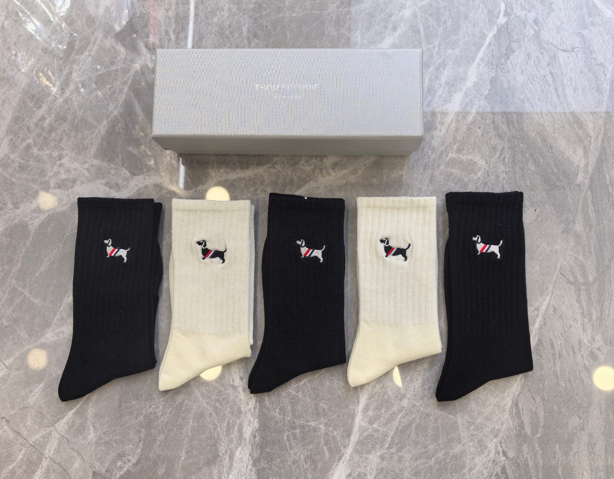 Thom Browne Dog Motif Crew Socks - 5-Pair Box