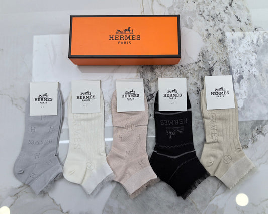 Hermes Mixed Neutral Logo Detail No-Show Socks - 5-Pair Set