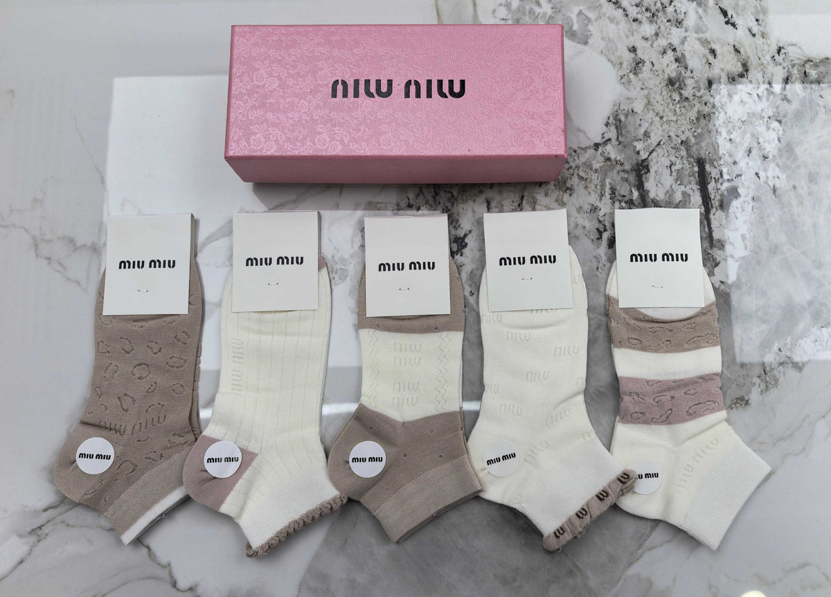 Miu Miu Modal Mixed Neutral Logo Detail No-Show Socks - 5-Pair Set