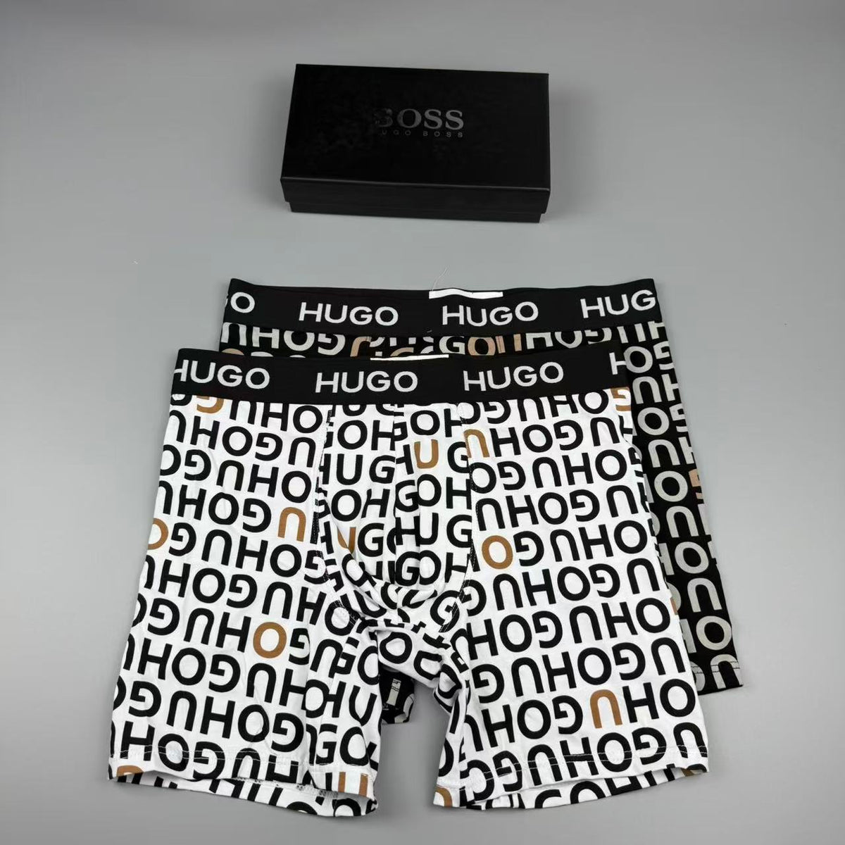 Boss Cotton All-Over Logo Pattern Men's Boxer Briefs - 3-Piece Box
