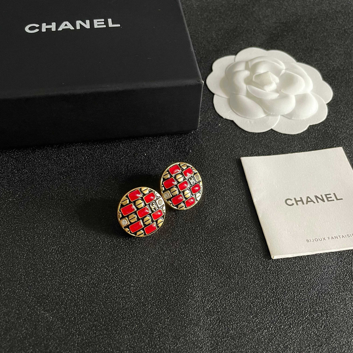Martin Graham stud earrings in polished metal-tone – styled product view