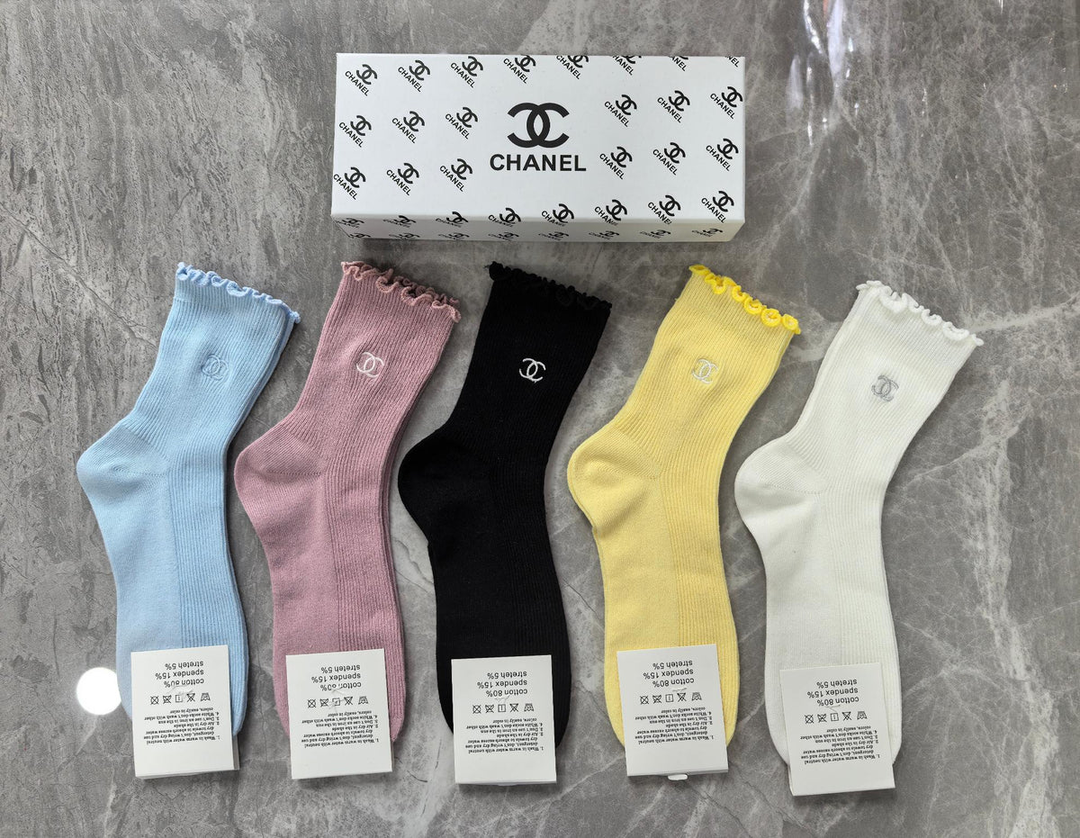 Chanel Cotton Visible Colour, Cuff And Emblem Details Crew Socks - 5-Pair Set