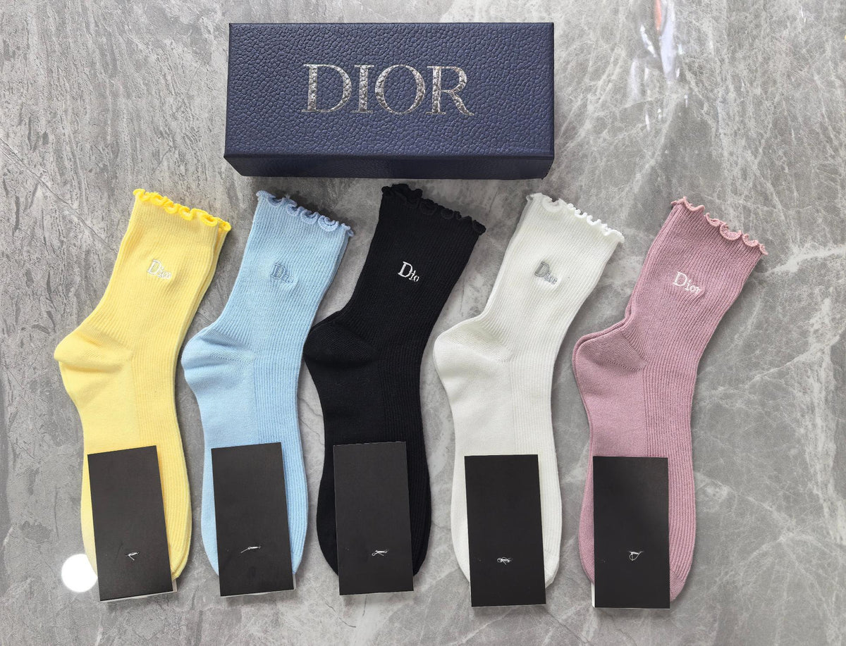 Dior Cotton Visible Colour, Cuff And Emblem Details Crew Socks - 5-Pair Set