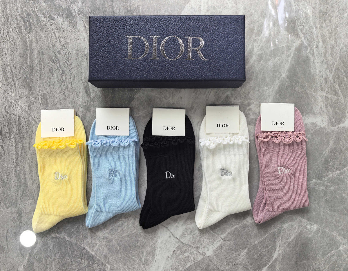 Dior Cotton Visible Colour, Cuff And Emblem Details Crew Socks - 5-Pair Set