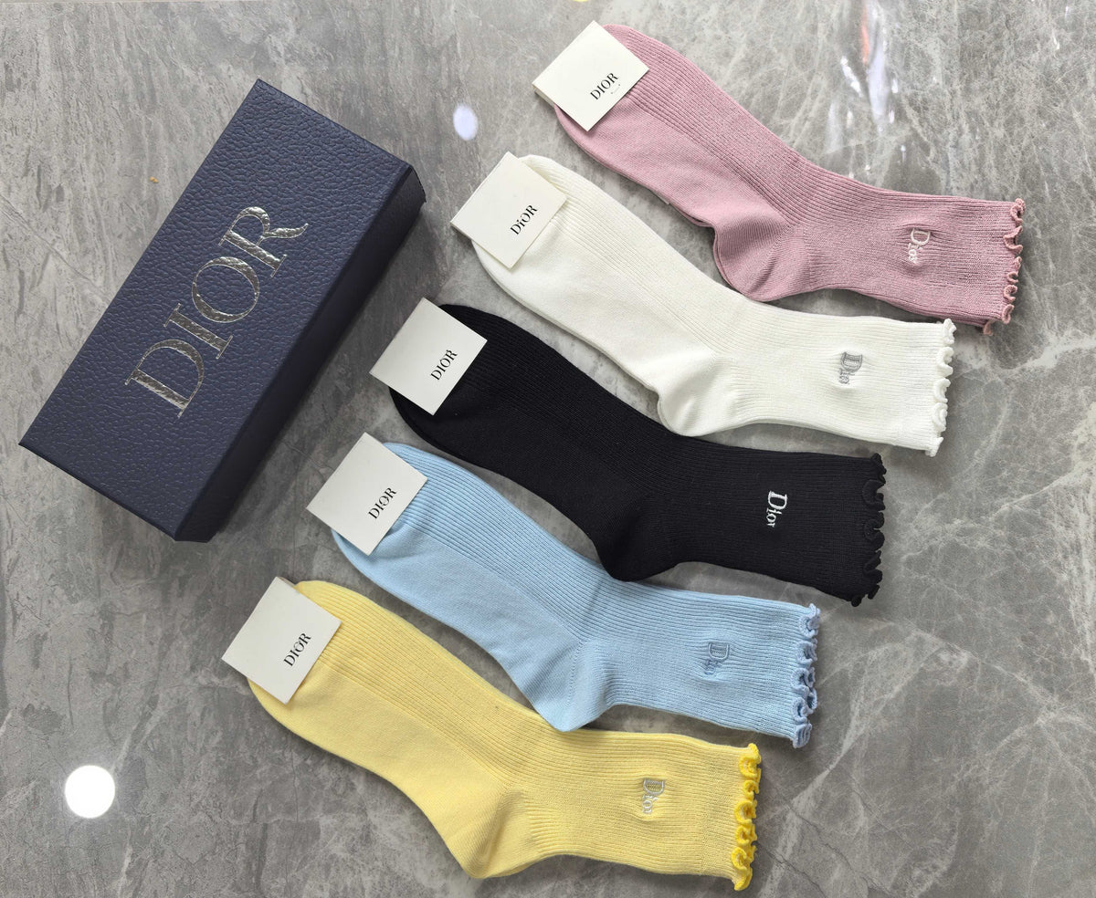 Dior Cotton Visible Colour, Cuff And Emblem Details Crew Socks - 5-Pair Set