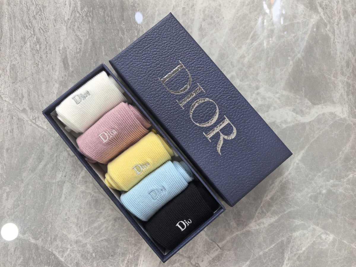 Dior Cotton Visible Colour, Cuff And Emblem Details Crew Socks - 5-Pair Set
