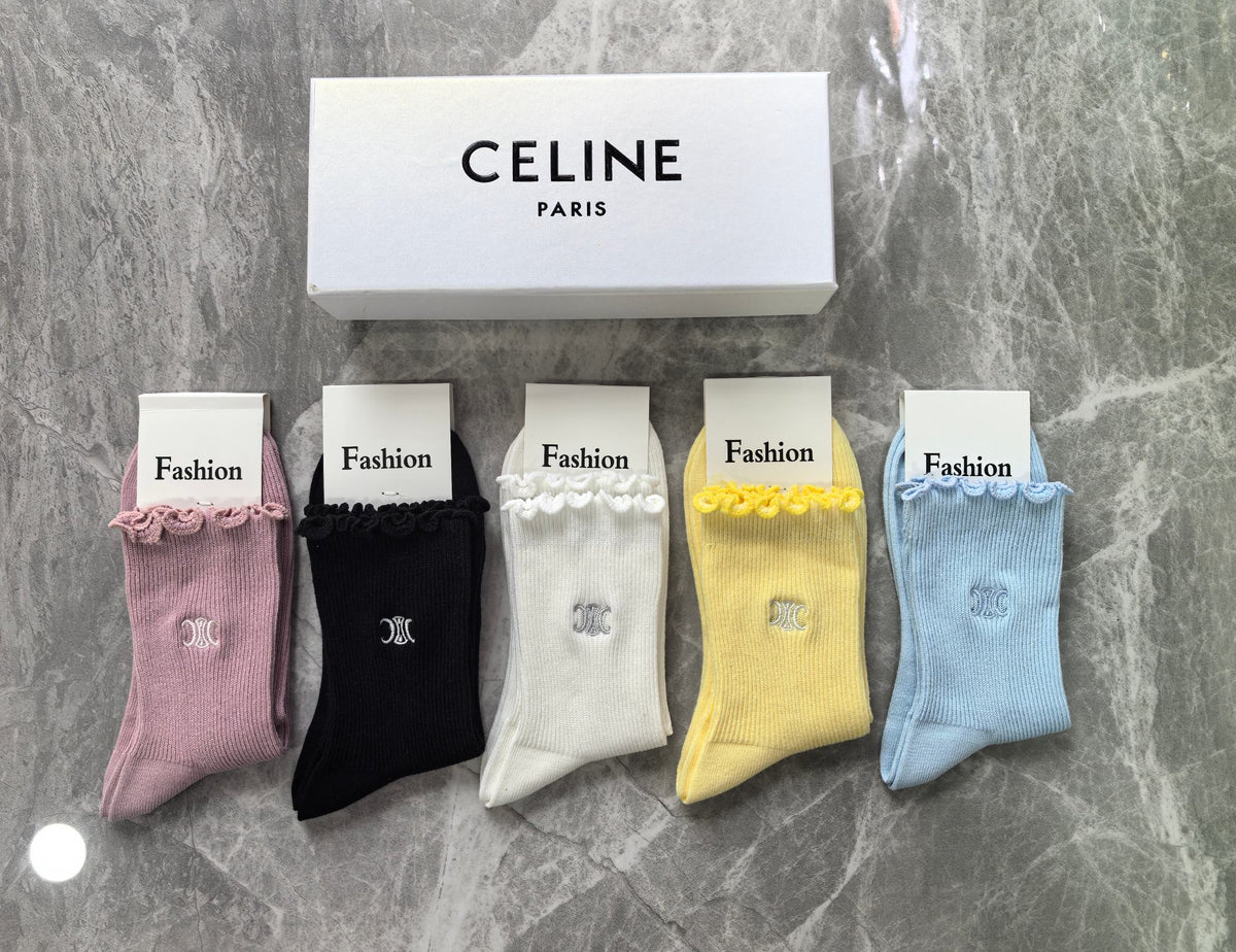 Celine Cotton Visible Colour, Cuff And Emblem Details Crew Socks - 5-Pair Set