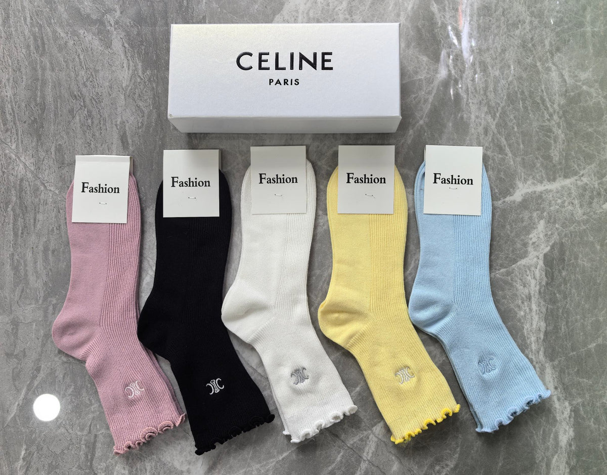 Celine Cotton Visible Colour, Cuff And Emblem Details Crew Socks - 5-Pair Set