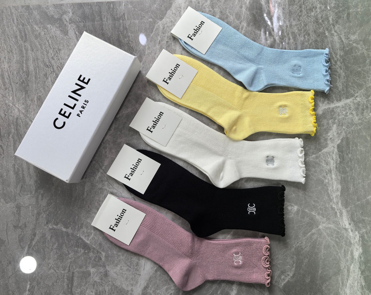 Celine Cotton Visible Colour, Cuff And Emblem Details Crew Socks - 5-Pair Set