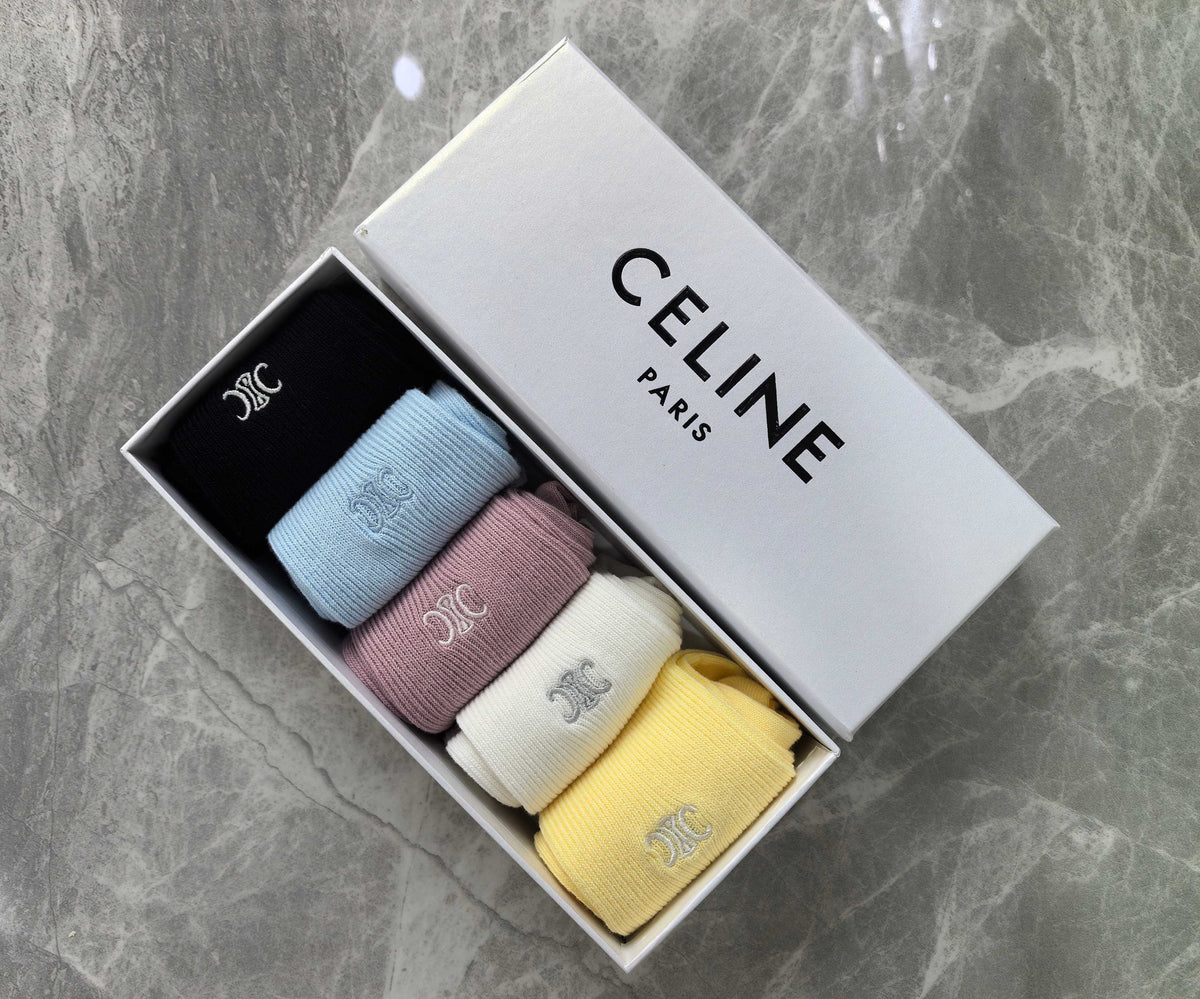 Celine Cotton Visible Colour, Cuff And Emblem Details Crew Socks - 5-Pair Set