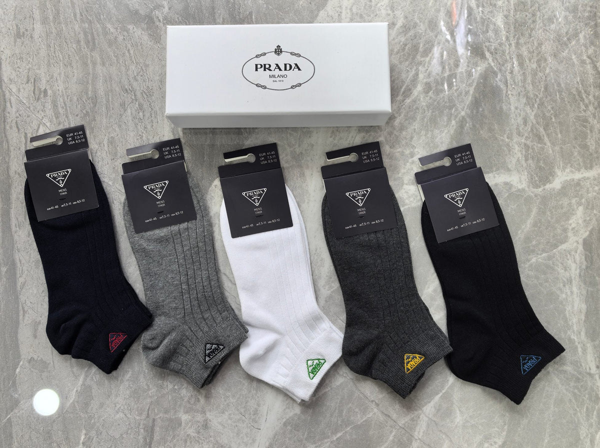 Prada Cotton Visible Colour, Cuff And Emblem Details Ankle Socks - 5-Pair Set