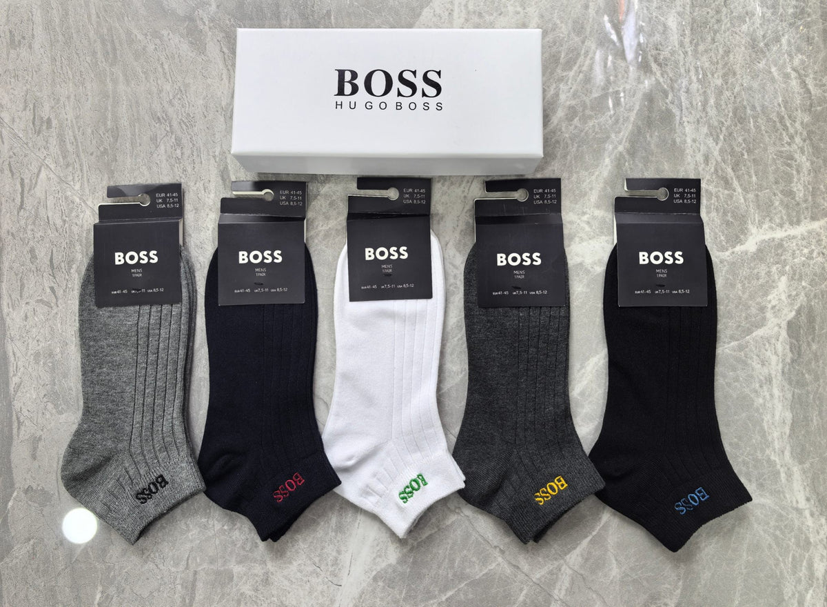 Boss Cotton Visible Colour, Cuff And Emblem Details Ankle Socks - 5-Pair Set