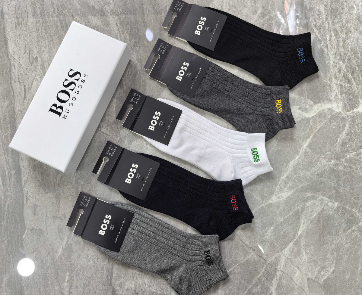 Boss Cotton Visible Colour, Cuff And Emblem Details Ankle Socks - 5-Pair Set