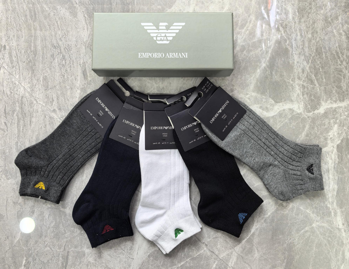 Emporio Armani Cotton Visible Branded Cuff Or Emblem Details No-Show Socks - 5-Pair Set