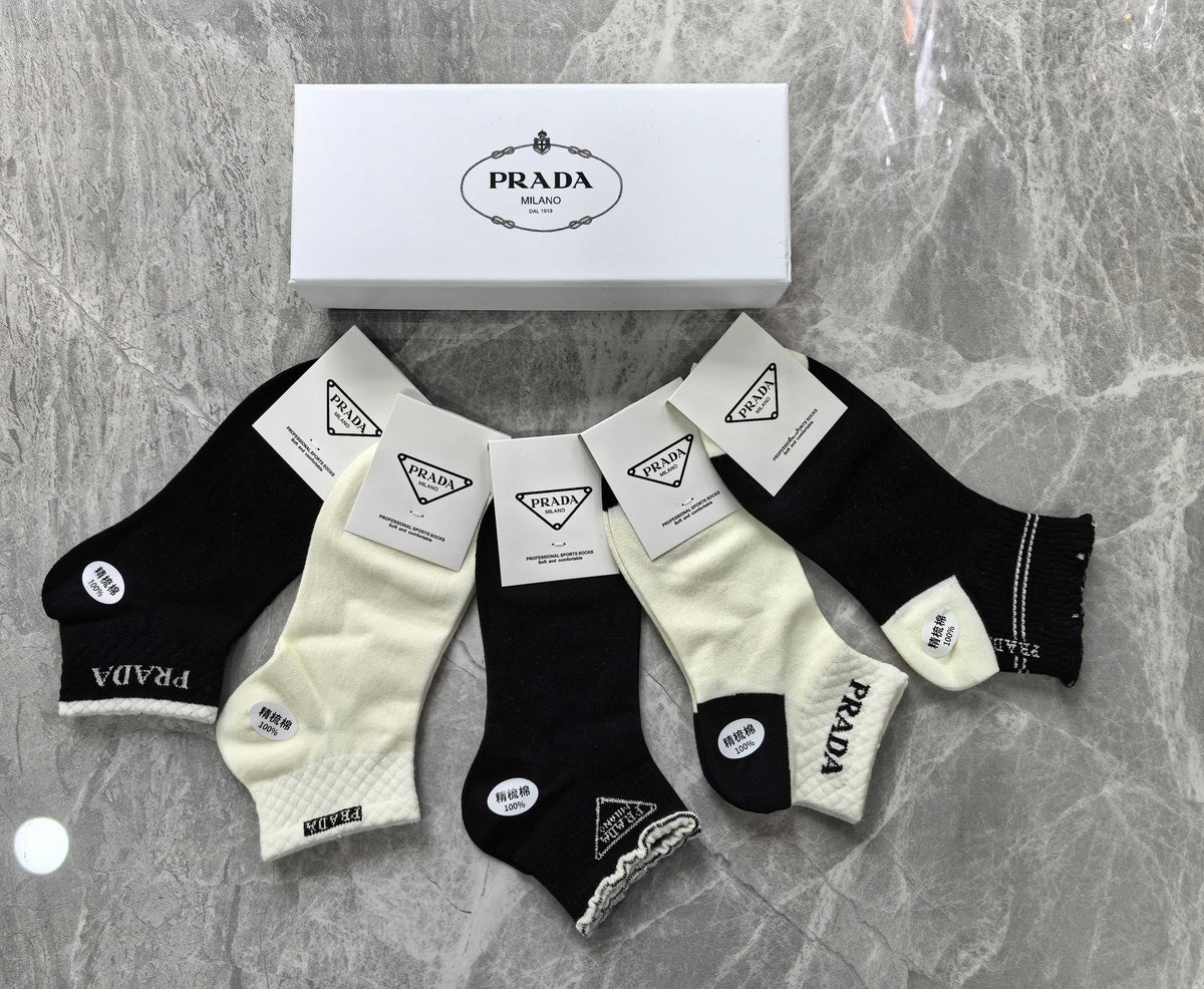 Prada Cotton Visible Branded Cuff Or Emblem Details No-Show Socks - 5-Pair Set