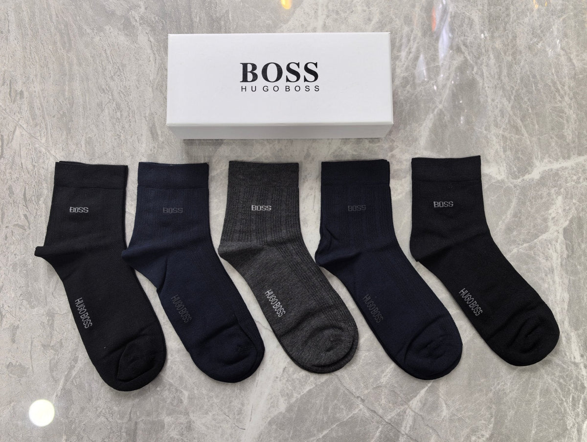 Boss Modal Simple Contrast Branding Mid-Calf Socks - 5-Pair Set