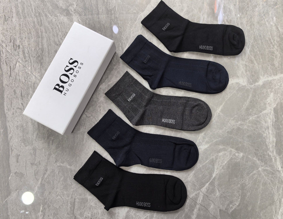 Boss Modal Simple Contrast Branding Mid-Calf Socks - 5-Pair Set