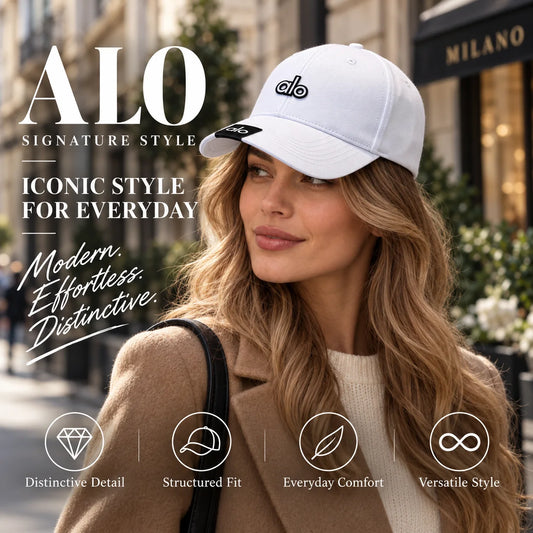 Alo Baseball Cap worn by fashion model in a European street-style setting