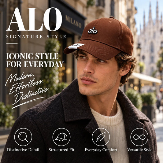Alo Baseball Cap worn by fashion model in a European street-style setting