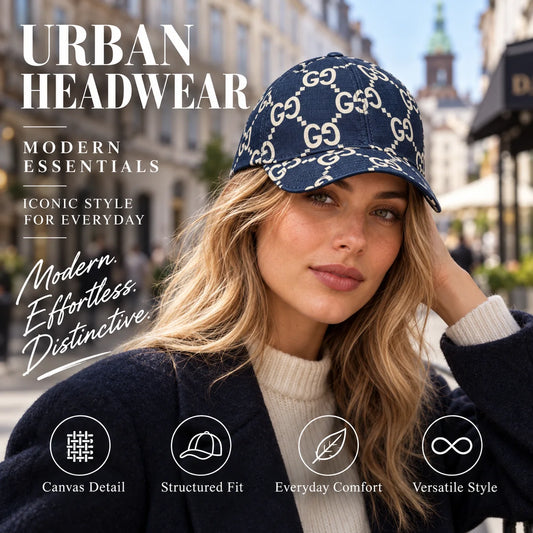 GUCCI Canvas Baseball Cap worn by fashion model in a European street-style setting