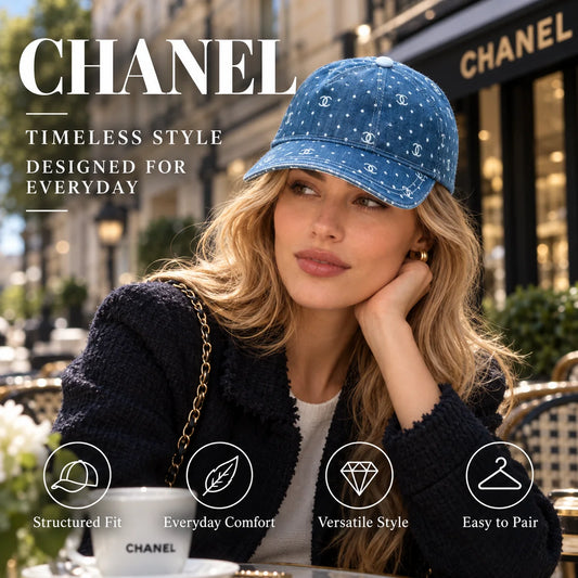 Chanel Denim Baseball Cap worn in a premium lifestyle setting
