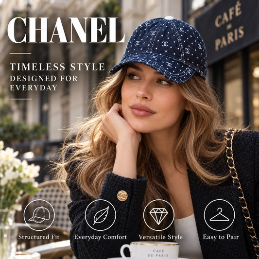 Chanel Denim Baseball Cap worn in a premium lifestyle setting