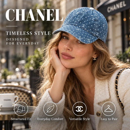 Chanel Denim Baseball Cap worn in a premium lifestyle setting