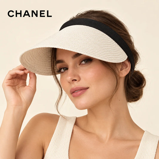 Model wearing chanel visor on head