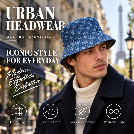 Denim Bucket Hat worn by fashion model in a European street-style setting
