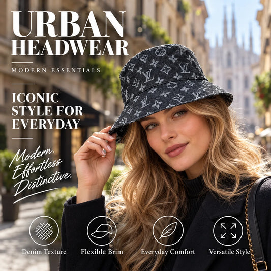 Denim Bucket Hat worn by fashion model in a European street-style setting
