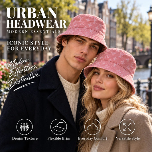 Denim Bucket Hat worn by fashion model in a European street-style setting