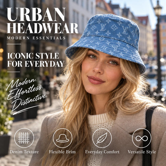 Denim Bucket Hat worn by fashion model in a European street-style setting