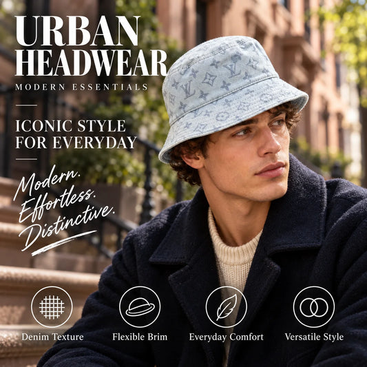 Denim Bucket Hat worn by fashion model in a European street-style setting